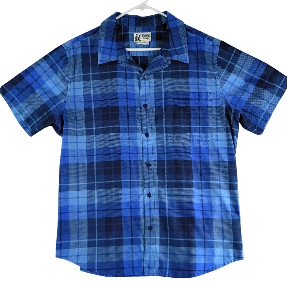 Marmot Mountain Works Button Up Shirt Mens XL Blue‎ Plaid Short Sleeve Outdoor